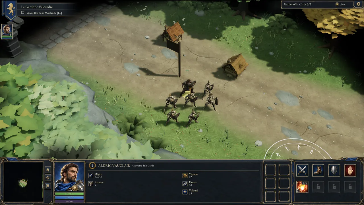 Capture d'Afterfall Rising : le capitaine Aldric Vauclair et son escouade de gardes dans un village