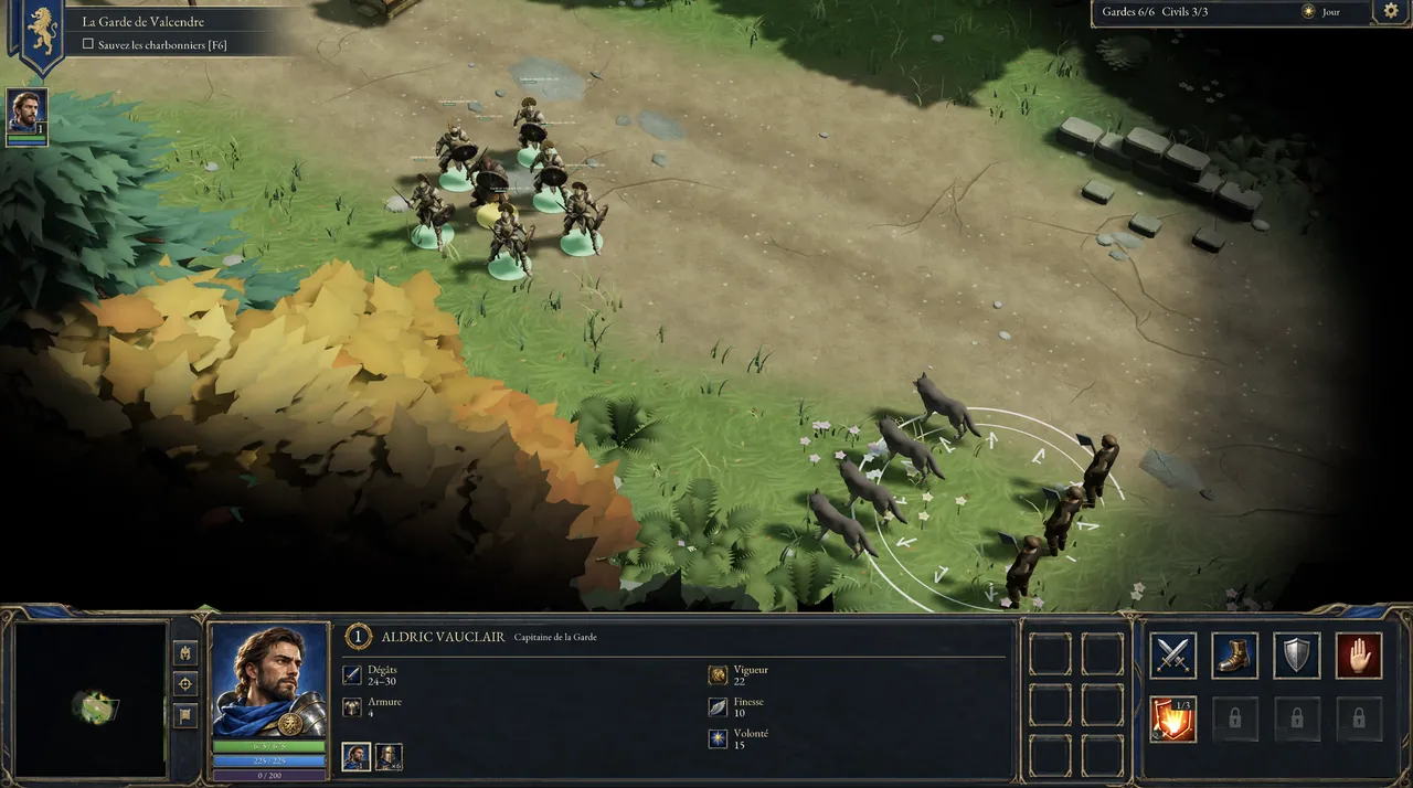 Afterfall Rising screenshot: the squad facing a wolf pack threatening charcoal burners