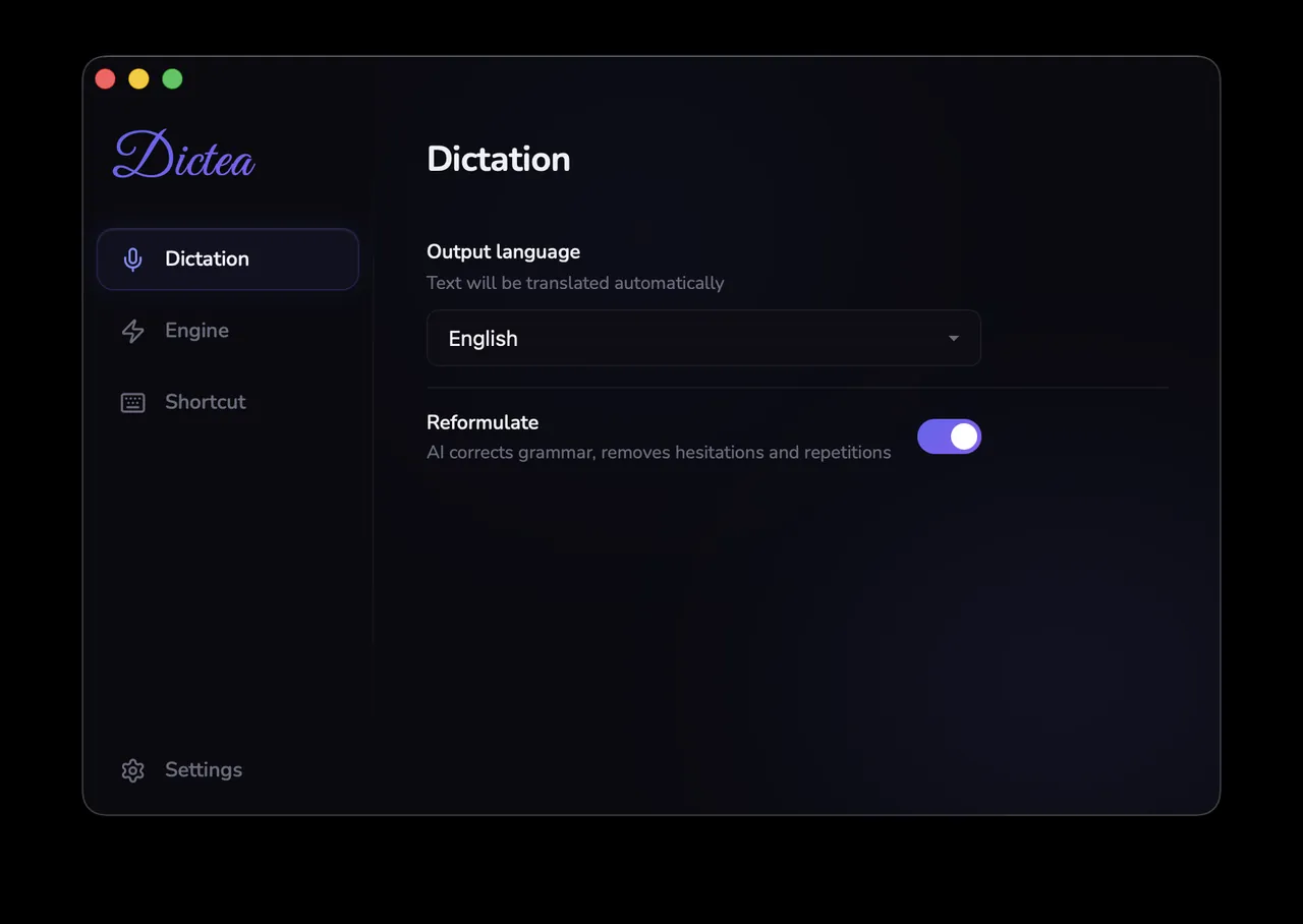 Screenshot of the Dictea app