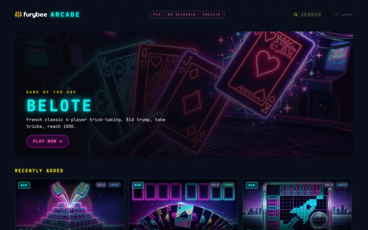 FuryBee Arcade: peer-to-peer multiplayer games, no accounts