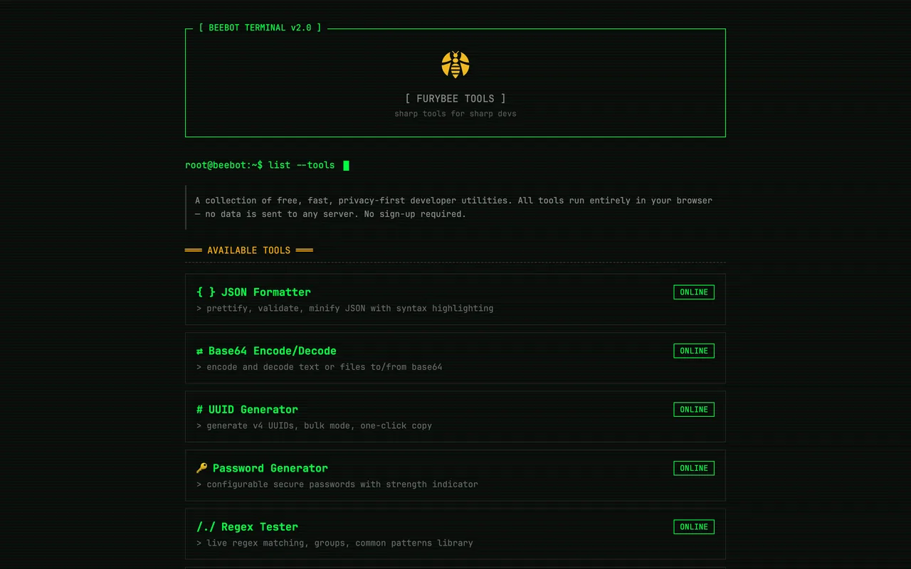 FuryBee Tools: developer utilities that run entirely in the browser